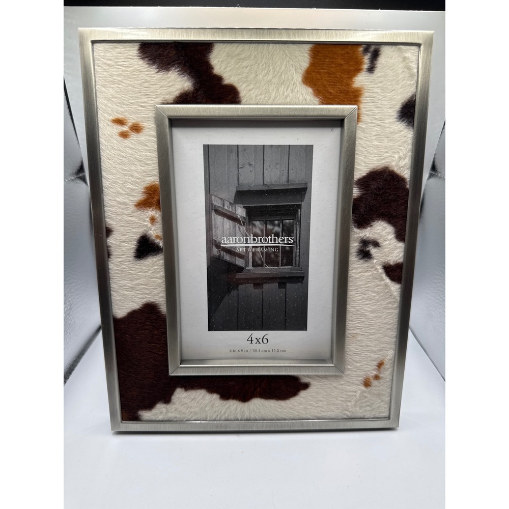 Aaron Brothers Vaughn Cowhide Picture Frame 4x6 Silver Metal Trim Western Decor